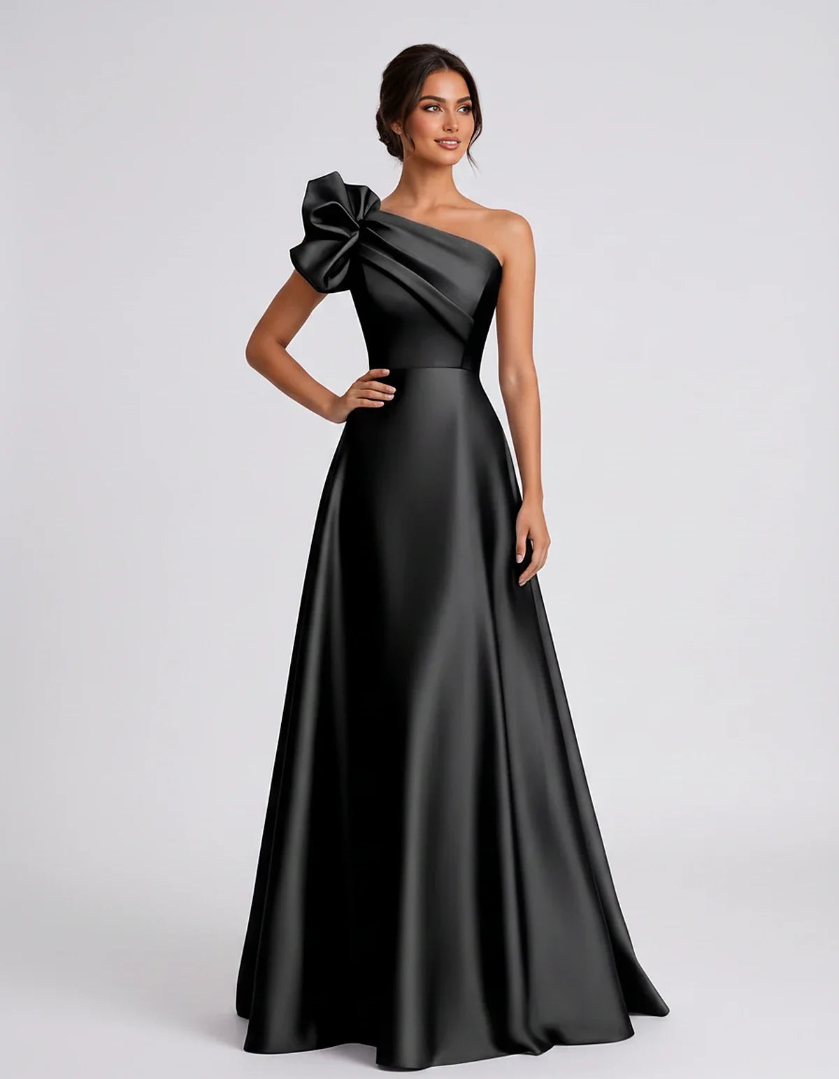 Satin Sleeveless One-Shoulder A-Line Maxi Dress for Party, Cocktail, Evening, Wedding Guest, Summer Formal Events, front view | SKU: VMD-583920174628451-BLACK-L,VMD-583920174628451-BLACK-M,VMD-583920174628451-BLACK-S,VMD-583920174628451-BLACK-XL,VMD-583920174628451-BLACK-XS