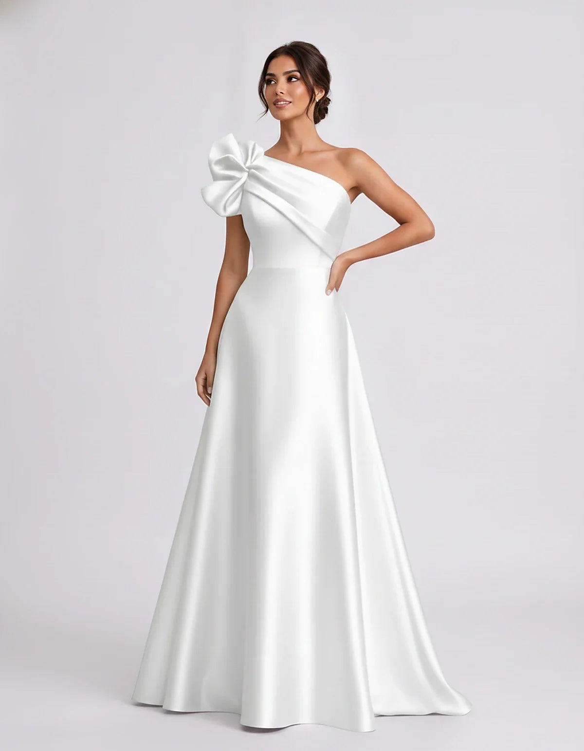 Satin Sleeveless One-Shoulder A-Line Maxi Dress for Party, Cocktail, Evening, Wedding Guest, Summer Formal Events, front view | SKU: VMD-583920174628451-WHITE-L,VMD-583920174628451-WHITE-M,VMD-583920174628451-WHITE-S,VMD-583920174628451-WHITE-XL,VMD-583920174628451-WHITE-XS