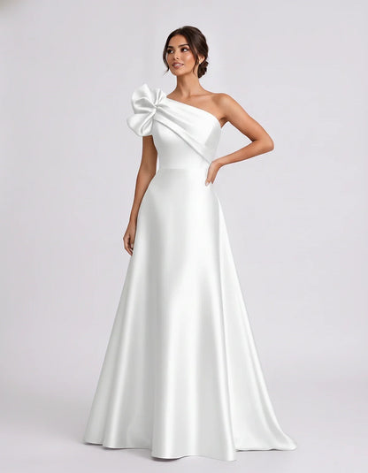 Satin Sleeveless One-Shoulder A-Line Maxi Dress for Party, Cocktail, Evening, Wedding Guest, Summer Formal Events, front view | SKU: VMD-583920174628451-WHITE-L,VMD-583920174628451-WHITE-M,VMD-583920174628451-WHITE-S,VMD-583920174628451-WHITE-XL,VMD-583920174628451-WHITE-XS