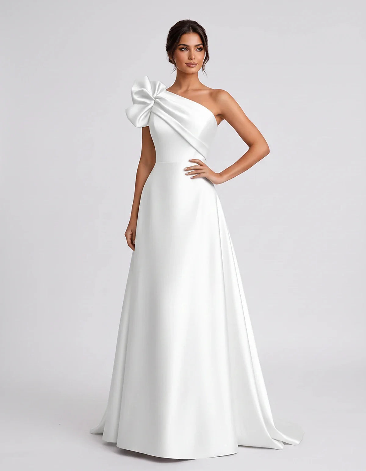 Satin Sleeveless One-Shoulder A-Line Maxi Dress for Party, Cocktail, Evening, Wedding Guest, Summer Formal Events, front view | SKU: VMD-583920174628451-WHITE-L,VMD-583920174628451-WHITE-M,VMD-583920174628451-WHITE-S,VMD-583920174628451-WHITE-XL,VMD-583920174628451-WHITE-XS