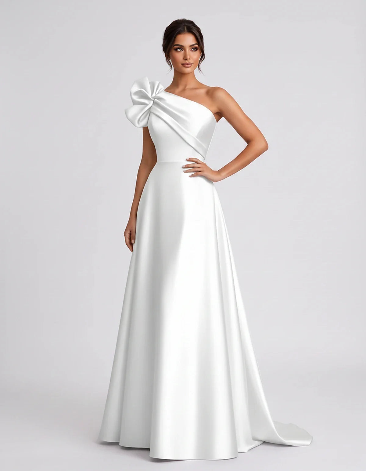 Satin Sleeveless One-Shoulder A-Line Maxi Dress for Party, Cocktail, Evening, Wedding Guest, Summer Formal Events, front view | SKU: VMD-583920174628451-WHITE-L,VMD-583920174628451-WHITE-M,VMD-583920174628451-WHITE-S,VMD-583920174628451-WHITE-XL,VMD-583920174628451-WHITE-XS