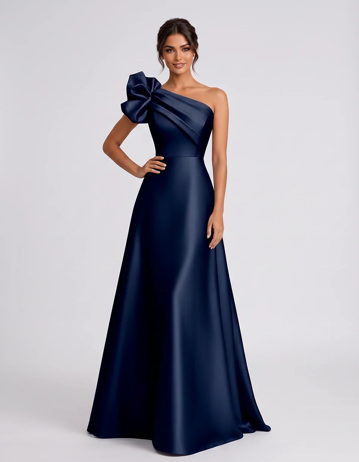 Satin Sleeveless One-Shoulder A-Line Maxi Dress for Party, Cocktail, Evening, Wedding Guest, Summer Formal Events, front view | SKU: VMD-583920174628451-NAVY-L,VMD-583920174628451-NAVY-M,VMD-583920174628451-NAVY-S,VMD-583920174628451-NAVY-XL,VMD-583920174628451-NAVY-XS