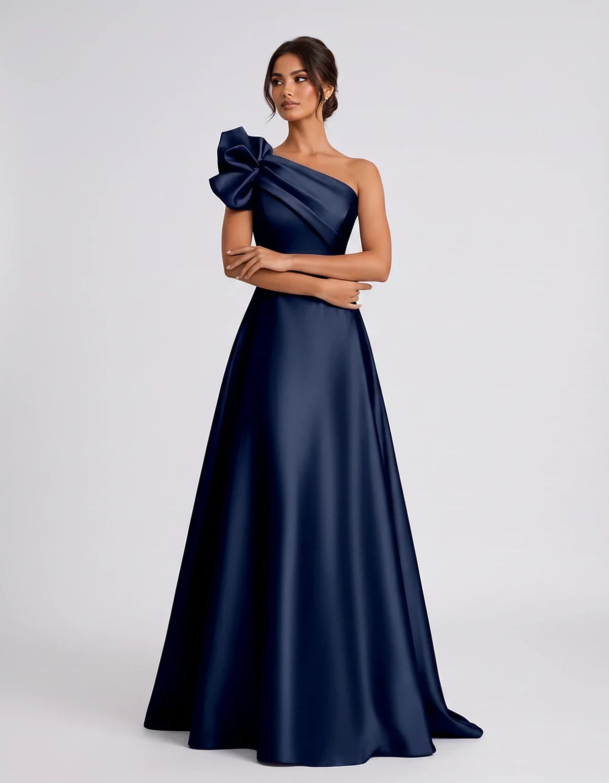 Satin Sleeveless One-Shoulder A-Line Maxi Dress for Party, Cocktail, Evening, Wedding Guest, Summer Formal Events, front view | SKU: VMD-583920174628451-NAVY-L,VMD-583920174628451-NAVY-M,VMD-583920174628451-NAVY-S,VMD-583920174628451-NAVY-XL,VMD-583920174628451-NAVY-XS