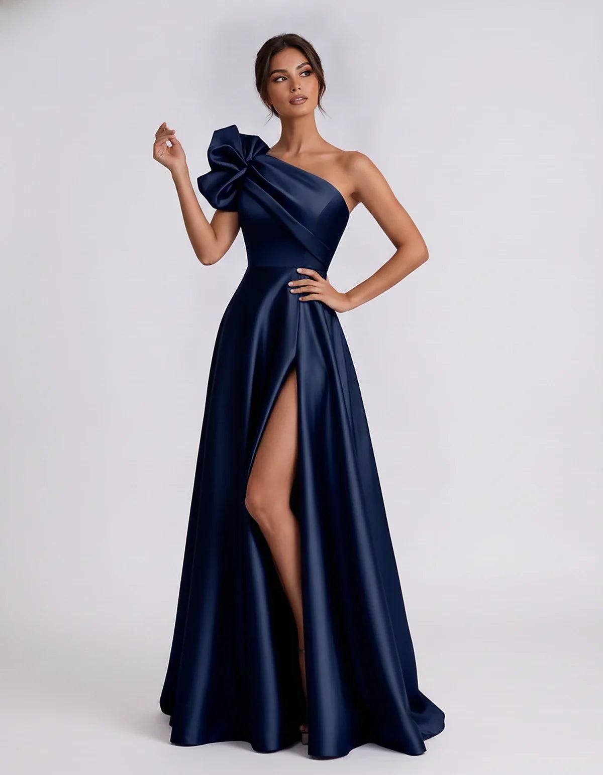 Satin Sleeveless One-Shoulder A-Line Maxi Dress for Party, Cocktail, Evening, Wedding Guest, Summer Formal Events, front view | SKU: VMD-583920174628451-NAVY-L,VMD-583920174628451-NAVY-M,VMD-583920174628451-NAVY-S,VMD-583920174628451-NAVY-XL,VMD-583920174628451-NAVY-XS