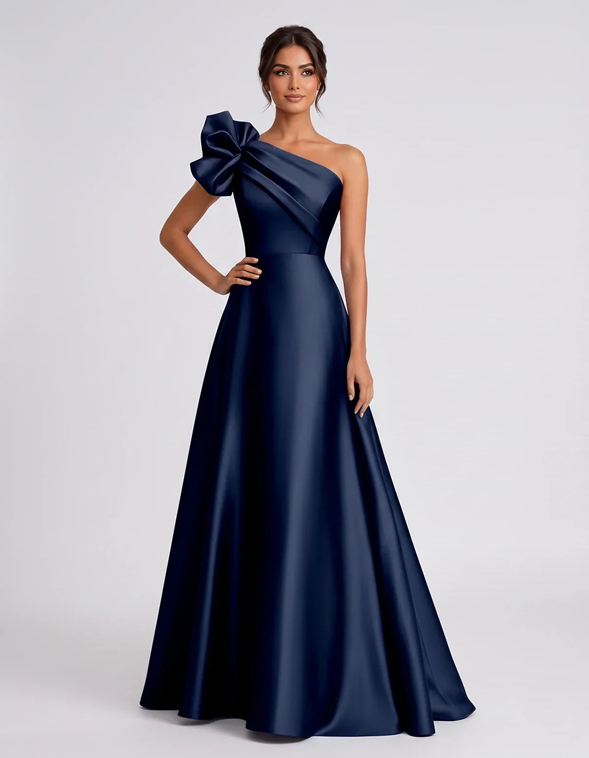 Satin Sleeveless One-Shoulder A-Line Maxi Dress for Party, Cocktail, Evening, Wedding Guest, Summer Formal Events, front view | SKU: VMD-583920174628451-NAVY-L,VMD-583920174628451-NAVY-M,VMD-583920174628451-NAVY-S,VMD-583920174628451-NAVY-XL,VMD-583920174628451-NAVY-XS