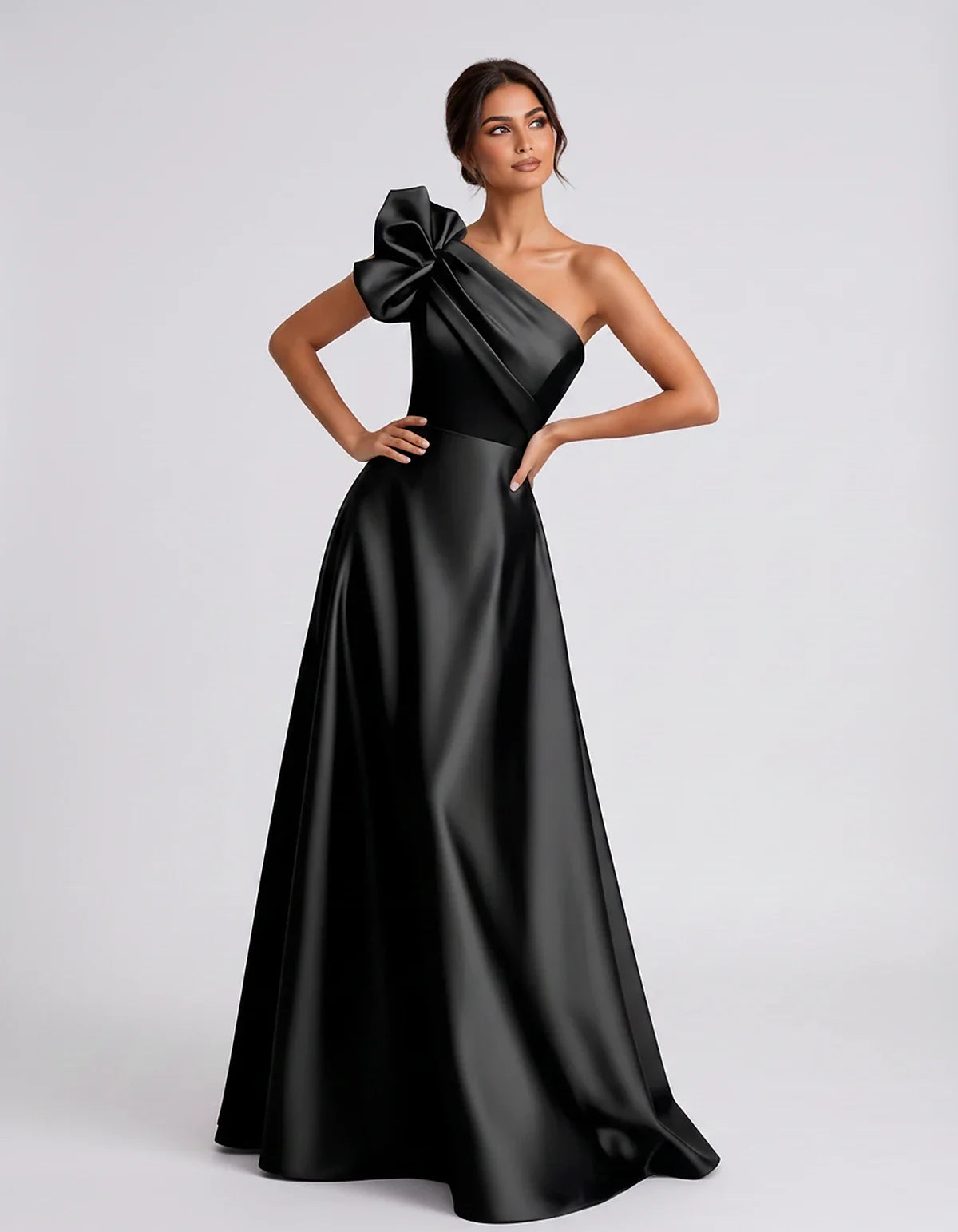 Satin Sleeveless One-Shoulder A-Line Maxi Dress for Party, Cocktail, Evening, Wedding Guest, Summer Formal Events, front view | SKU: VMD-583920174628451-BLACK-L,VMD-583920174628451-BLACK-M,VMD-583920174628451-BLACK-S,VMD-583920174628451-BLACK-XL,VMD-583920174628451-BLACK-XS