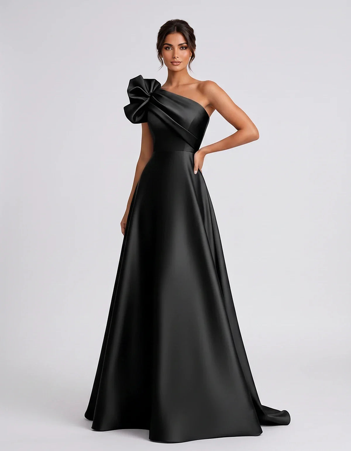 Satin Sleeveless One-Shoulder A-Line Maxi Dress for Party, Cocktail, Evening, Wedding Guest, Summer Formal Events, front view | SKU: VMD-583920174628451-BLACK-L,VMD-583920174628451-BLACK-M,VMD-583920174628451-BLACK-S,VMD-583920174628451-BLACK-XL,VMD-583920174628451-BLACK-XS