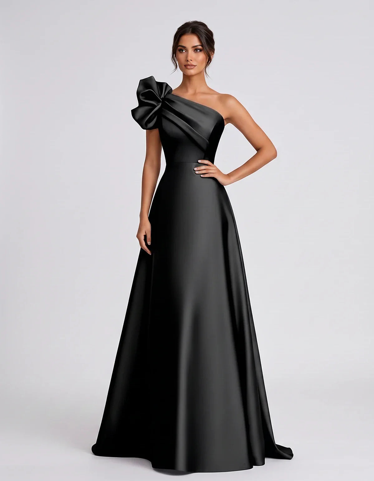 Satin Sleeveless One-Shoulder A-Line Maxi Dress for Party, Cocktail, Evening, Wedding Guest, Summer Formal Events, front view | SKU: VMD-583920174628451-BLACK-L,VMD-583920174628451-BLACK-M,VMD-583920174628451-BLACK-S,VMD-583920174628451-BLACK-XL,VMD-583920174628451-BLACK-XS