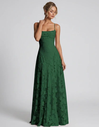 Floral Jacquard Spaghetti Strap Square Neck A-Line Maxi Dress for Party, Cocktail, Evening, Wedding Guest & Summer Events, fr | SKU: VMD-582741963085214-GREEN-L,VMD-582741963085214-GREEN-M,VMD-582741963085214-GREEN-S,VMD-582741963085214-GREEN-XL,VMD-582741963085214-GREEN-XS