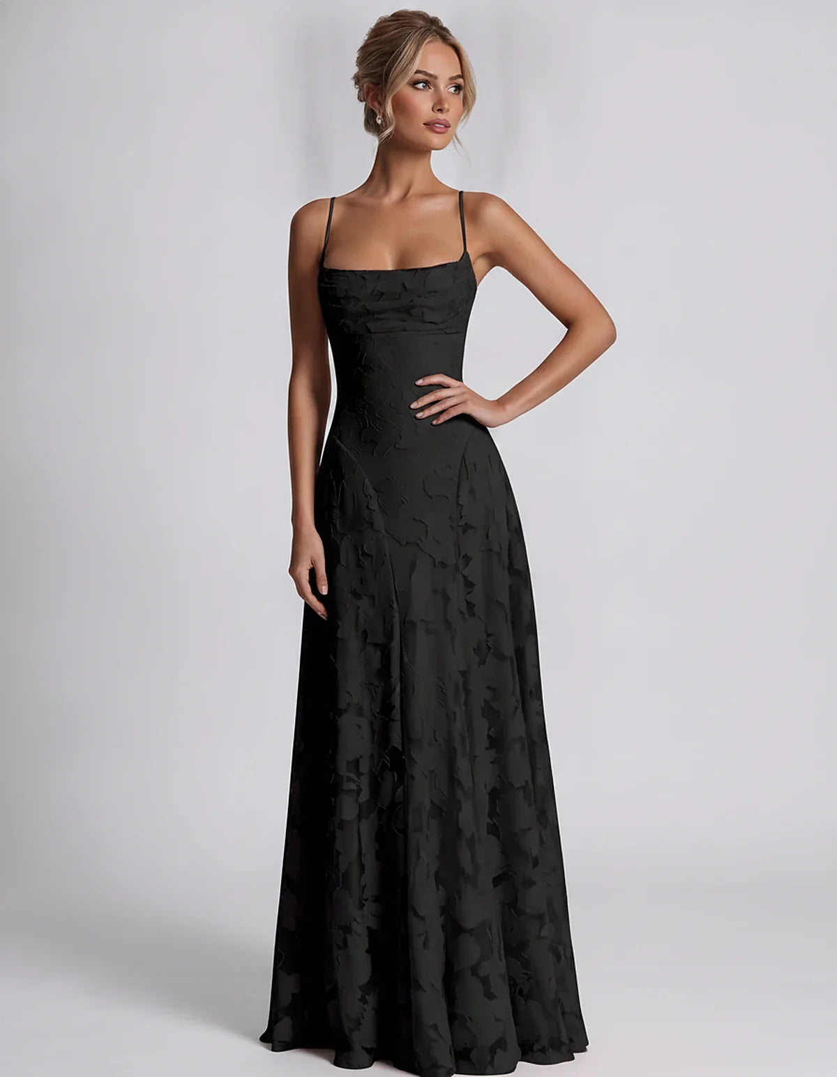 Floral Jacquard Spaghetti Strap Square Neck A-Line Maxi Dress for Party, Cocktail, Evening, Wedding Guest & Summer Events, fr | SKU: VMD-582741963085214-BLACK-L,VMD-582741963085214-BLACK-M,VMD-582741963085214-BLACK-S,VMD-582741963085214-BLACK-XL,VMD-582741963085214-BLACK-XS