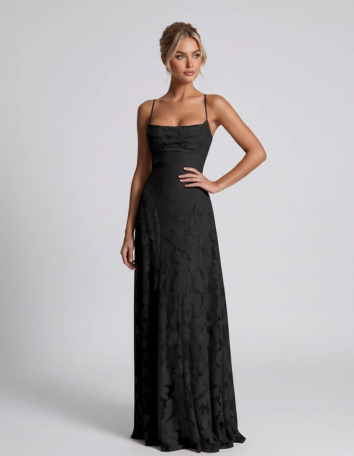 Floral Jacquard Spaghetti Strap Square Neck A-Line Maxi Dress for Party, Cocktail, Evening, Wedding Guest & Summer Events, fr | SKU: VMD-582741963085214-BLACK-L,VMD-582741963085214-BLACK-M,VMD-582741963085214-BLACK-S,VMD-582741963085214-BLACK-XL,VMD-582741963085214-BLACK-XS