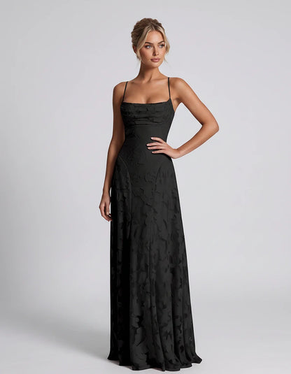 Floral Jacquard Spaghetti Strap Square Neck A-Line Maxi Dress for Party, Cocktail, Evening, Wedding Guest & Summer Events, fr | SKU: VMD-582741963085214-BLACK-L,VMD-582741963085214-BLACK-M,VMD-582741963085214-BLACK-S,VMD-582741963085214-BLACK-XL,VMD-582741963085214-BLACK-XS