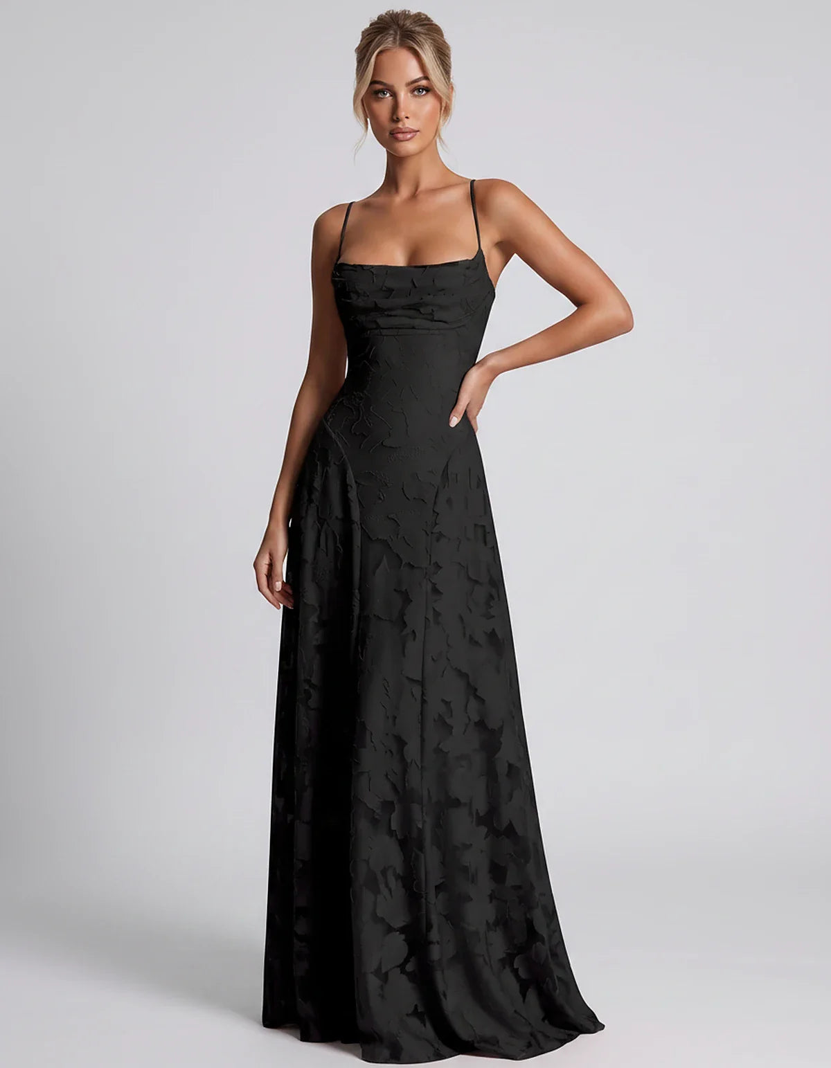 Floral Jacquard Spaghetti Strap Square Neck A-Line Maxi Dress for Party, Cocktail, Evening, Wedding Guest & Summer Events, fr | SKU: VMD-582741963085214-BLACK-L,VMD-582741963085214-BLACK-M,VMD-582741963085214-BLACK-S,VMD-582741963085214-BLACK-XL,VMD-582741963085214-BLACK-XS
