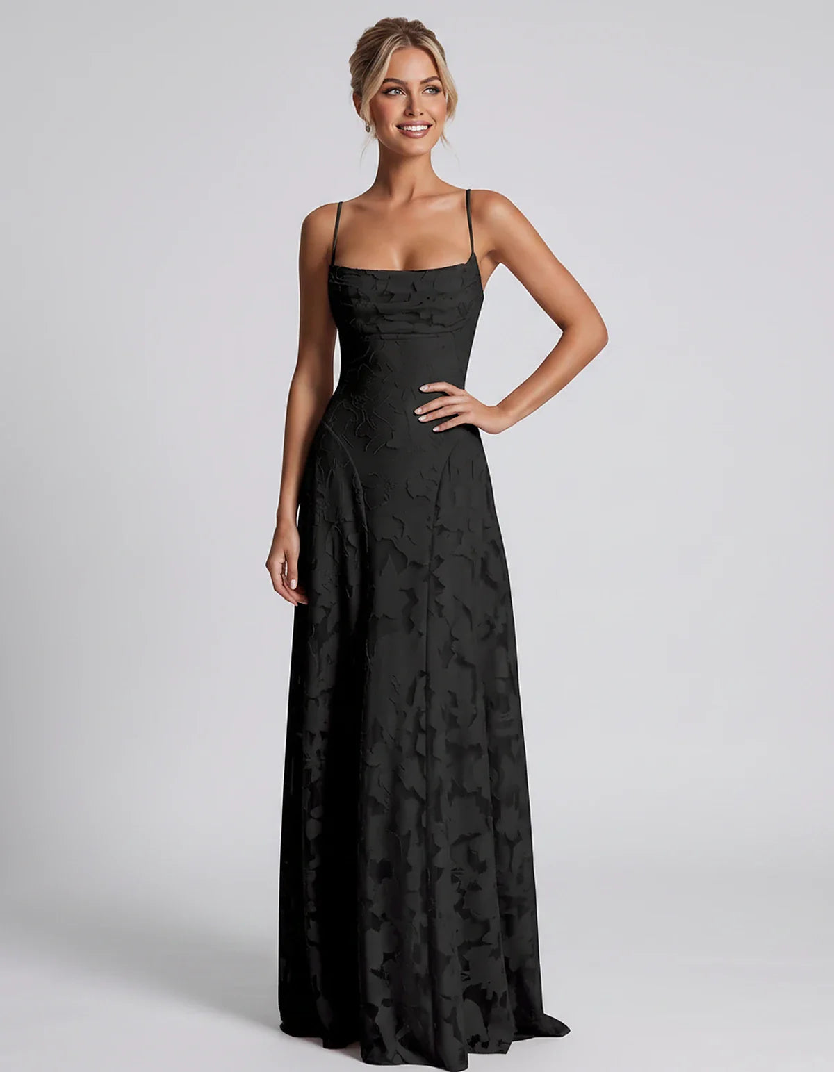 Floral Jacquard Spaghetti Strap Square Neck A-Line Maxi Dress for Party, Cocktail, Evening, Wedding Guest & Summer Events, fr | SKU: VMD-582741963085214-BLACK-L,VMD-582741963085214-BLACK-M,VMD-582741963085214-BLACK-S,VMD-582741963085214-BLACK-XL,VMD-582741963085214-BLACK-XS