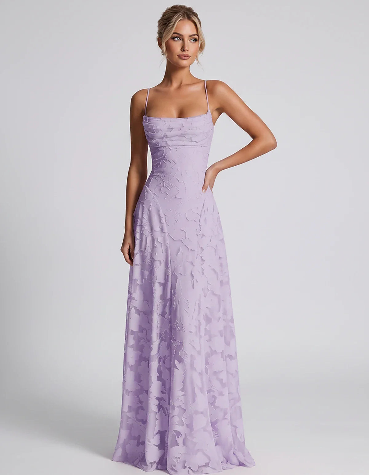 Floral Jacquard Spaghetti Strap Square Neck A-Line Maxi Dress for Party, Cocktail, Evening, Wedding Guest & Summer Events, fr | SKU: VMD-582741963085214-LILAC-L,VMD-582741963085214-LILAC-M,VMD-582741963085214-LILAC-S,VMD-582741963085214-LILAC-XL,VMD-582741963085214-LILAC-XS