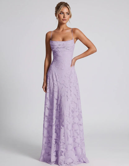 Floral Jacquard Spaghetti Strap Square Neck A-Line Maxi Dress for Party, Cocktail, Evening, Wedding Guest & Summer Events, fr | SKU: VMD-582741963085214-LILAC-L,VMD-582741963085214-LILAC-M,VMD-582741963085214-LILAC-S,VMD-582741963085214-LILAC-XL,VMD-582741963085214-LILAC-XS