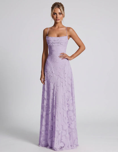 Floral Jacquard Spaghetti Strap Square Neck A-Line Maxi Dress for Party, Cocktail, Evening, Wedding Guest & Summer Events, fr | SKU: VMD-582741963085214-LILAC-L,VMD-582741963085214-LILAC-M,VMD-582741963085214-LILAC-S,VMD-582741963085214-LILAC-XL,VMD-582741963085214-LILAC-XS
