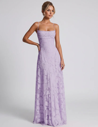 Floral Jacquard Spaghetti Strap Square Neck A-Line Maxi Dress for Party, Cocktail, Evening, Wedding Guest & Summer Events, fr | SKU: VMD-582741963085214-LILAC-L,VMD-582741963085214-LILAC-M,VMD-582741963085214-LILAC-S,VMD-582741963085214-LILAC-XL,VMD-582741963085214-LILAC-XS