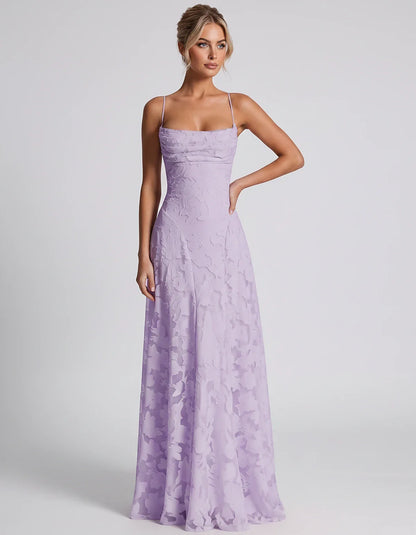 Floral Jacquard Spaghetti Strap Square Neck A-Line Maxi Dress for Party, Cocktail, Evening, Wedding Guest & Summer Events, fr | SKU: VMD-582741963085214-LILAC-L,VMD-582741963085214-LILAC-M,VMD-582741963085214-LILAC-S,VMD-582741963085214-LILAC-XL,VMD-582741963085214-LILAC-XS