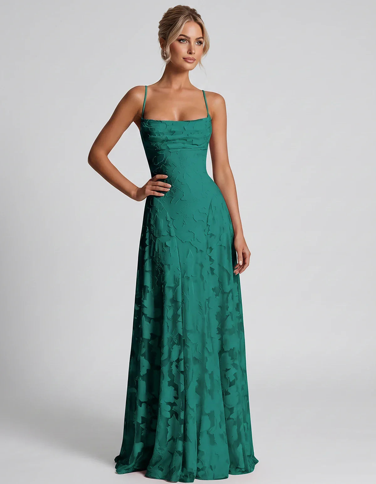 Floral Jacquard Spaghetti Strap Square Neck A-Line Maxi Dress for Party, Cocktail, Evening, Wedding Guest & Summer Events, fr | SKU: VMD-582741963085214-TEAL-L,VMD-582741963085214-TEAL-M,VMD-582741963085214-TEAL-S,VMD-582741963085214-TEAL-XL,VMD-582741963085214-TEAL-XS