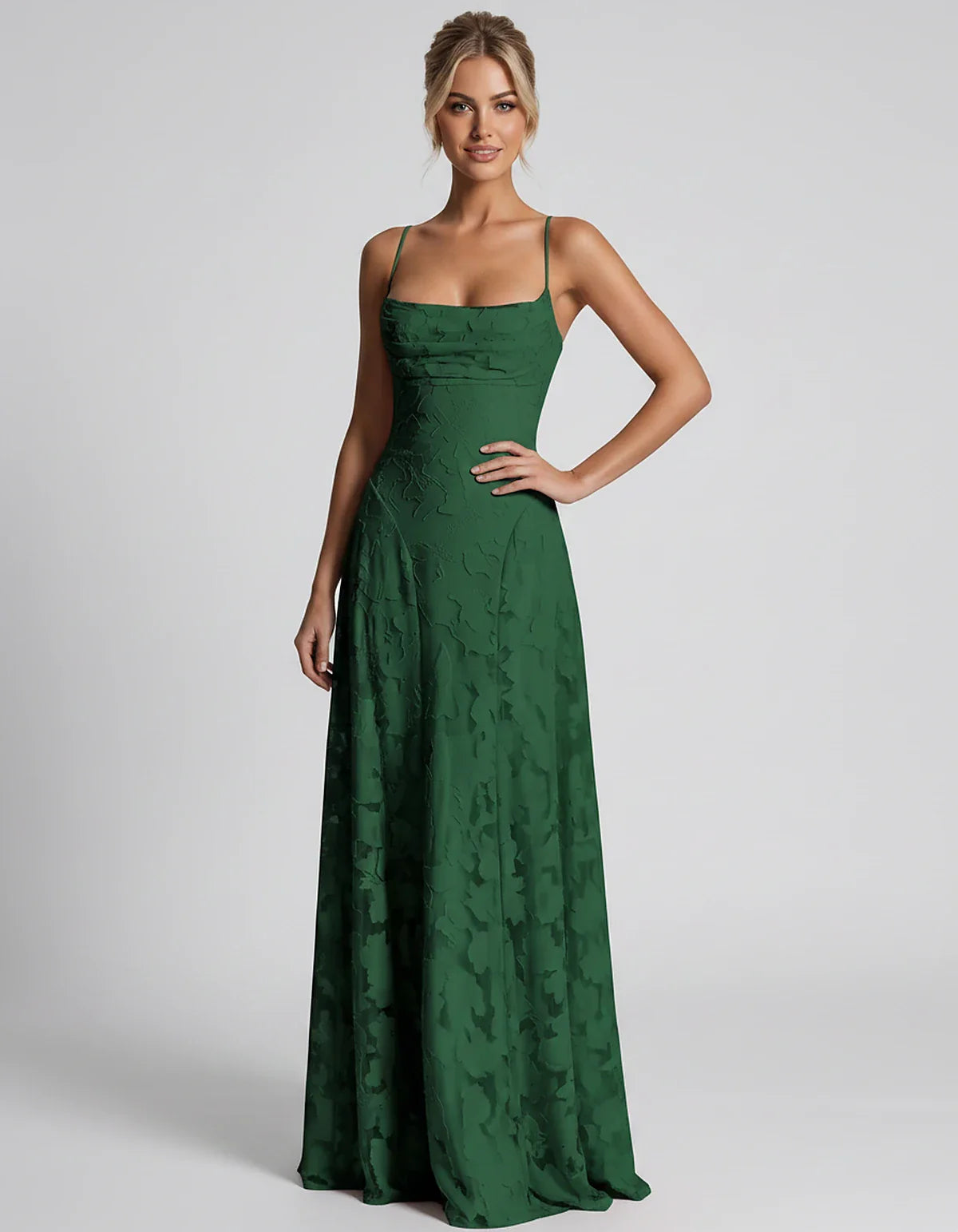 Floral Jacquard Spaghetti Strap Square Neck A-Line Maxi Dress for Party, Cocktail, Evening, Wedding Guest & Summer Events, fr | SKU: VMD-582741963085214-GREEN-L,VMD-582741963085214-GREEN-M,VMD-582741963085214-GREEN-S,VMD-582741963085214-GREEN-XL,VMD-582741963085214-GREEN-XS