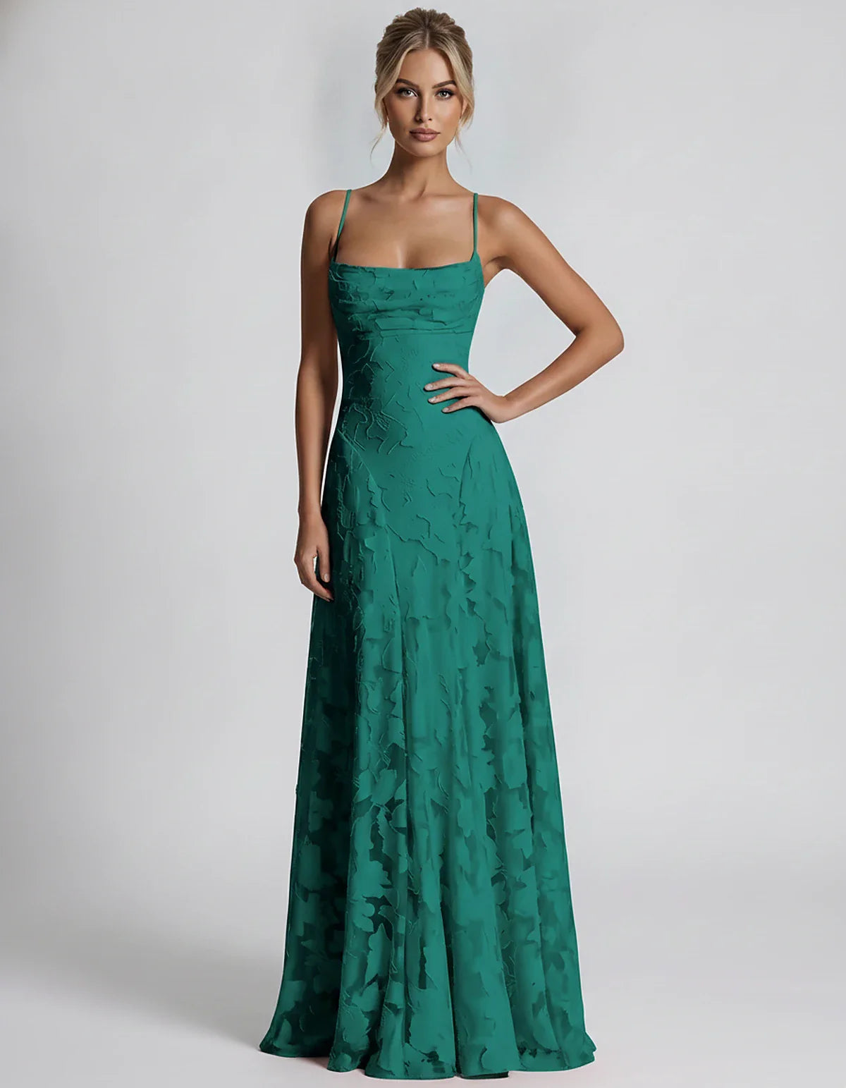 Floral Jacquard Spaghetti Strap Square Neck A-Line Maxi Dress for Party, Cocktail, Evening, Wedding Guest & Summer Events, fr | SKU: VMD-582741963085214-TEAL-L,VMD-582741963085214-TEAL-M,VMD-582741963085214-TEAL-S,VMD-582741963085214-TEAL-XL,VMD-582741963085214-TEAL-XS