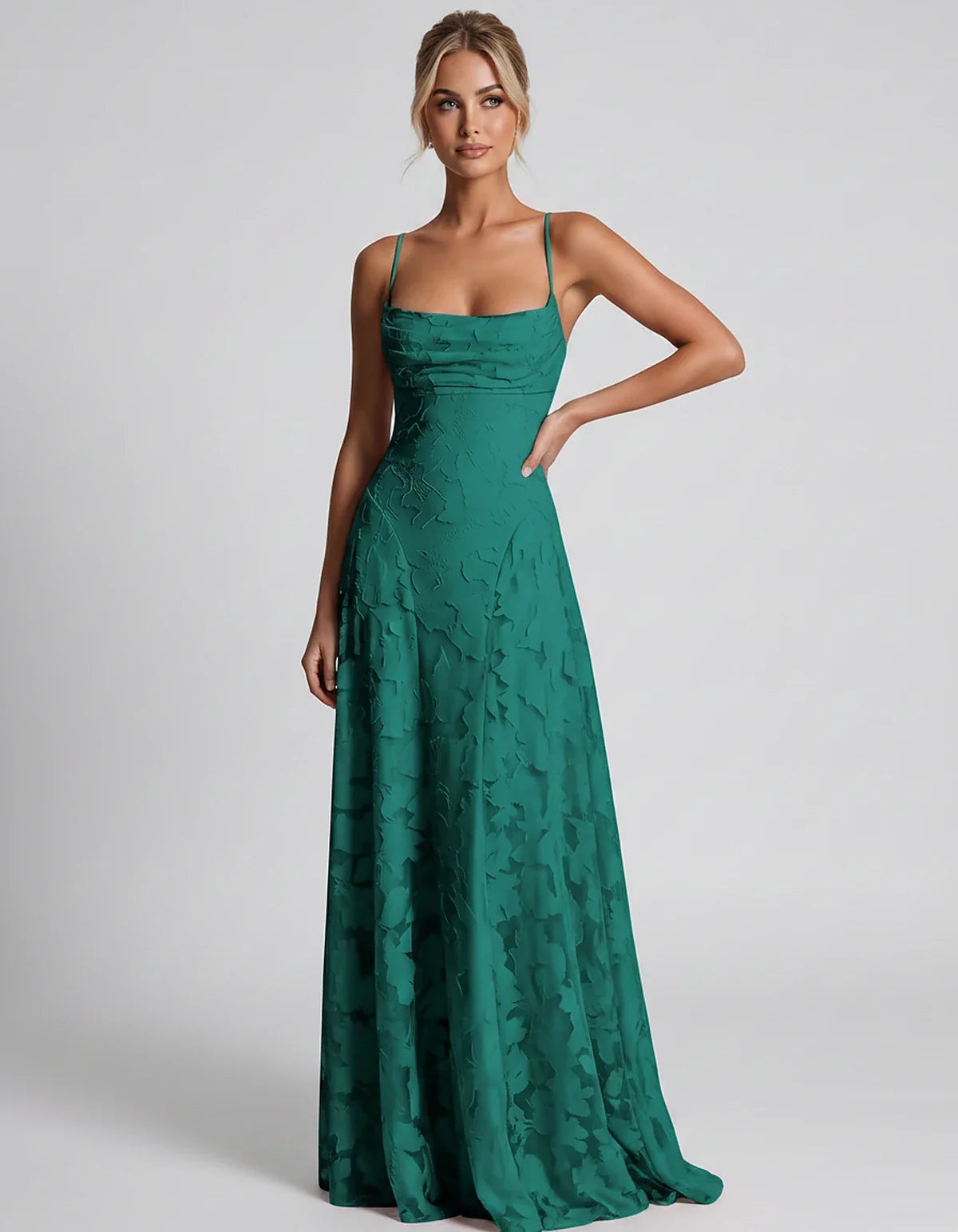 Floral Jacquard Spaghetti Strap Square Neck A-Line Maxi Dress for Party, Cocktail, Evening, Wedding Guest & Summer Events, fr | SKU: VMD-582741963085214-TEAL-L,VMD-582741963085214-TEAL-M,VMD-582741963085214-TEAL-S,VMD-582741963085214-TEAL-XL,VMD-582741963085214-TEAL-XS