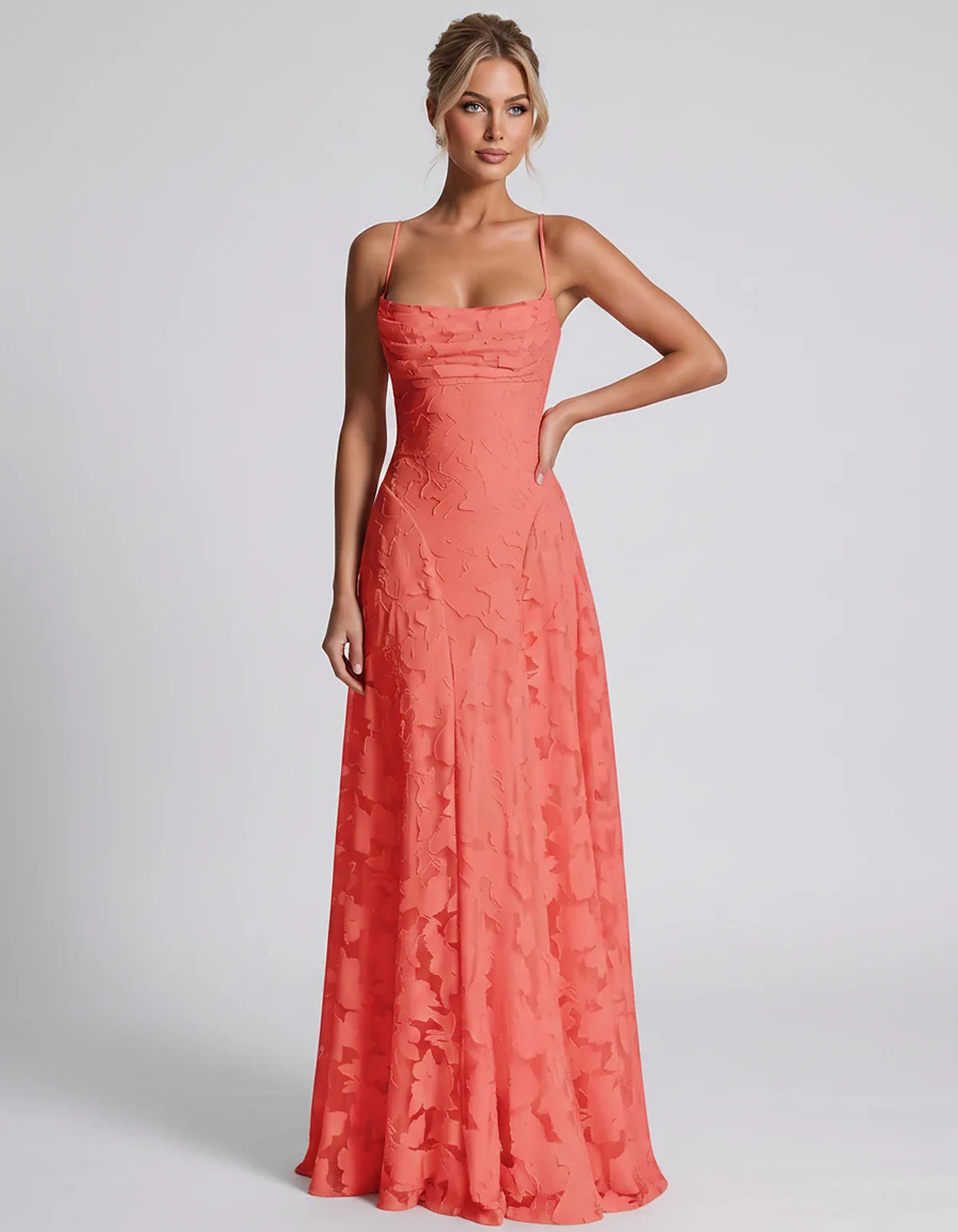 Floral Jacquard Spaghetti Strap Square Neck A-Line Maxi Dress for Party, Cocktail, Evening, Wedding Guest & Summer Events, fr | SKU: VMD-582741963085214-CORAL-L,VMD-582741963085214-CORAL-M,VMD-582741963085214-CORAL-S,VMD-582741963085214-CORAL-XL,VMD-582741963085214-CORAL-XS