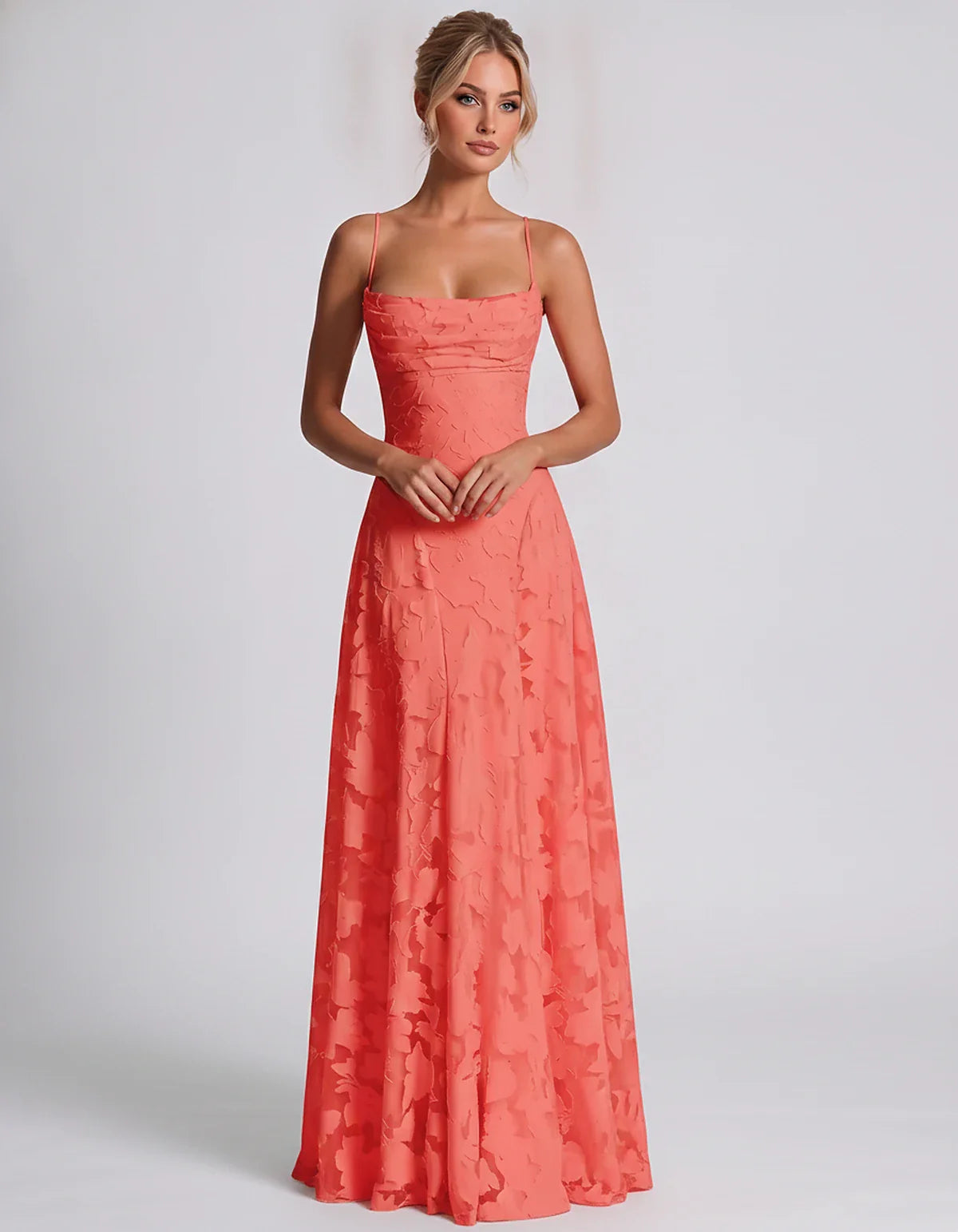 Floral Jacquard Spaghetti Strap Square Neck A-Line Maxi Dress for Party, Cocktail, Evening, Wedding Guest & Summer Events, fr | SKU: VMD-582741963085214-CORAL-L,VMD-582741963085214-CORAL-M,VMD-582741963085214-CORAL-S,VMD-582741963085214-CORAL-XL,VMD-582741963085214-CORAL-XS
