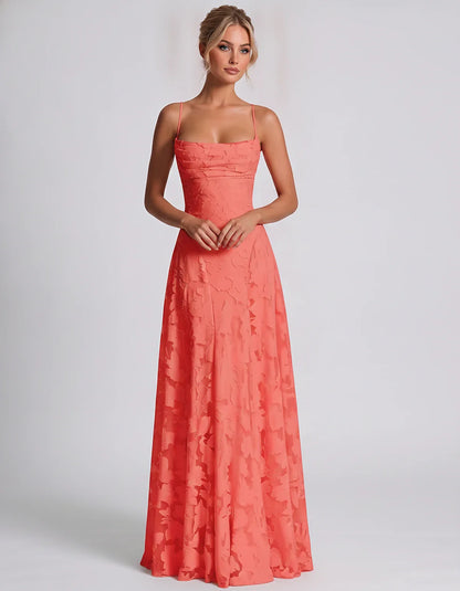 Floral Jacquard Spaghetti Strap Square Neck A-Line Maxi Dress for Party, Cocktail, Evening, Wedding Guest & Summer Events, fr | SKU: VMD-582741963085214-CORAL-L,VMD-582741963085214-CORAL-M,VMD-582741963085214-CORAL-S,VMD-582741963085214-CORAL-XL,VMD-582741963085214-CORAL-XS