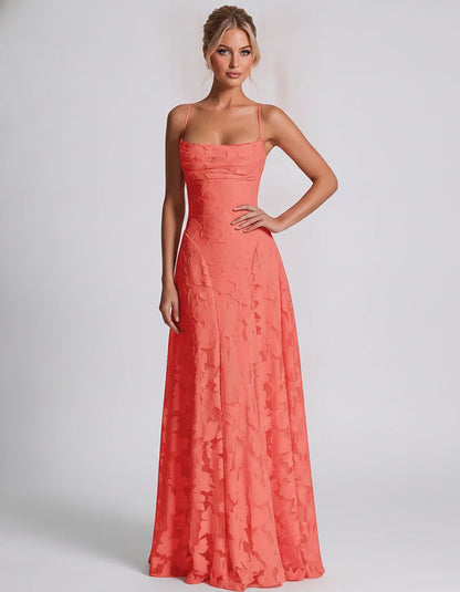 Floral Jacquard Spaghetti Strap Square Neck A-Line Maxi Dress for Party, Cocktail, Evening, Wedding Guest & Summer Events, fr | SKU: VMD-582741963085214-CORAL-L,VMD-582741963085214-CORAL-M,VMD-582741963085214-CORAL-S,VMD-582741963085214-CORAL-XL,VMD-582741963085214-CORAL-XS