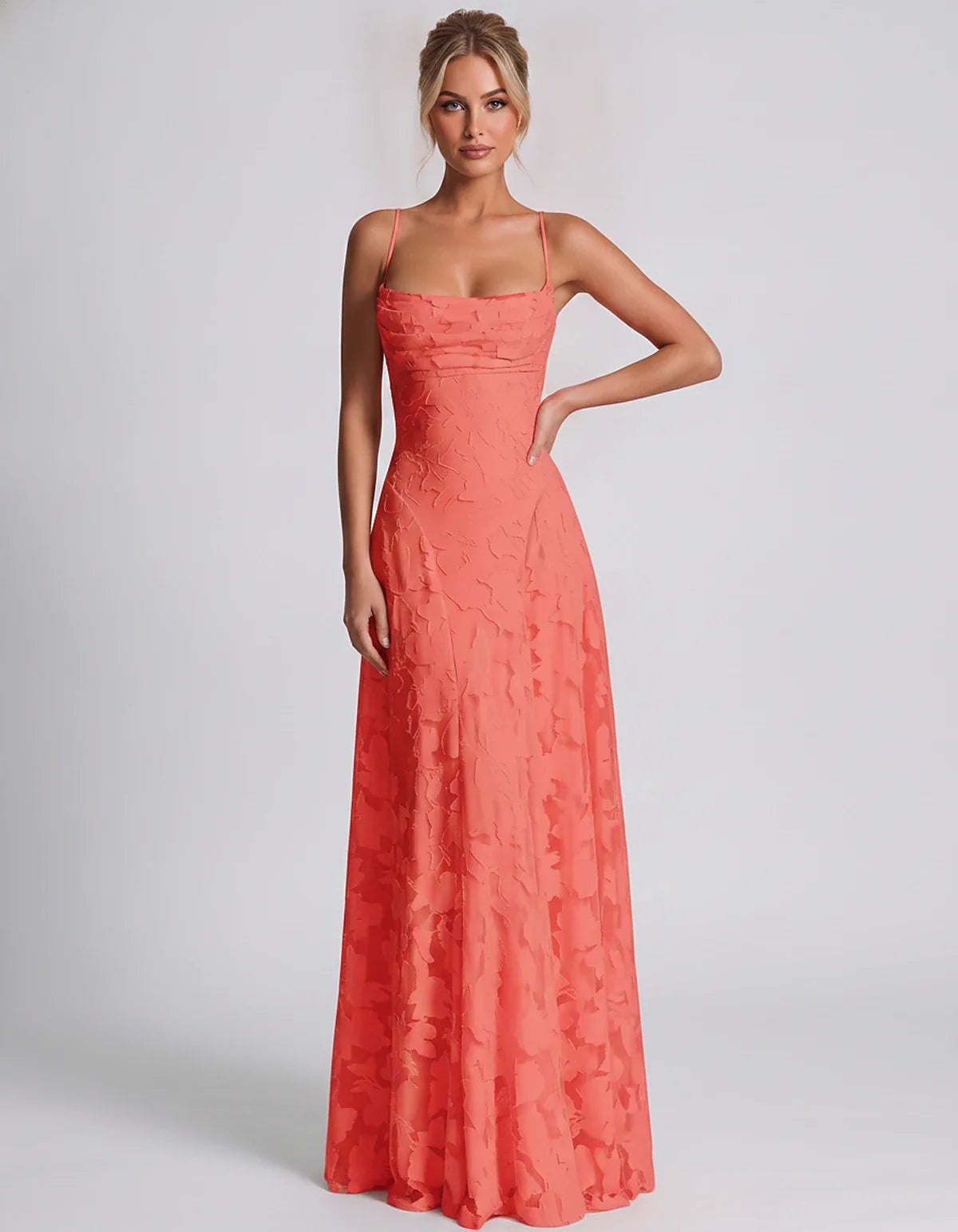 Floral Jacquard Spaghetti Strap Square Neck A-Line Maxi Dress for Party, Cocktail, Evening, Wedding Guest & Summer Events, fr | SKU: VMD-582741963085214-CORAL-L,VMD-582741963085214-CORAL-M,VMD-582741963085214-CORAL-S,VMD-582741963085214-CORAL-XL,VMD-582741963085214-CORAL-XS