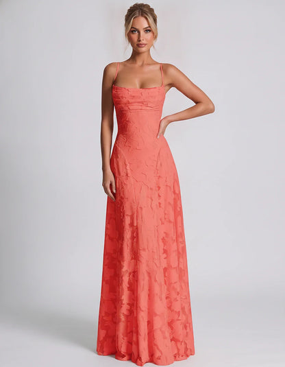 Floral Jacquard Spaghetti Strap Square Neck A-Line Maxi Dress for Party, Cocktail, Evening, Wedding Guest & Summer Events, fr | SKU: VMD-582741963085214-CORAL-L,VMD-582741963085214-CORAL-M,VMD-582741963085214-CORAL-S,VMD-582741963085214-CORAL-XL,VMD-582741963085214-CORAL-XS