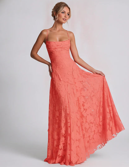 Floral Jacquard Spaghetti Strap Square Neck A-Line Maxi Dress for Party, Cocktail, Evening, Wedding Guest & Summer Events, fr | SKU: VMD-582741963085214-CORAL-L,VMD-582741963085214-CORAL-M,VMD-582741963085214-CORAL-S,VMD-582741963085214-CORAL-XL,VMD-582741963085214-CORAL-XS