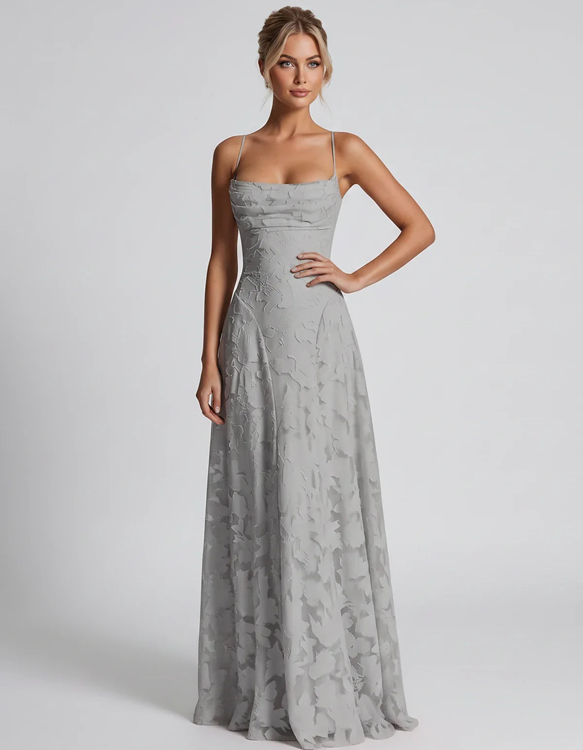 Floral Jacquard Spaghetti Strap Square Neck A-Line Maxi Dress for Party, Cocktail, Evening, Wedding Guest & Summer Events, fr | SKU: VMD-582741963085214-GRAY-L,VMD-582741963085214-GRAY-M,VMD-582741963085214-GRAY-S,VMD-582741963085214-GRAY-XL,VMD-582741963085214-GRAY-XS