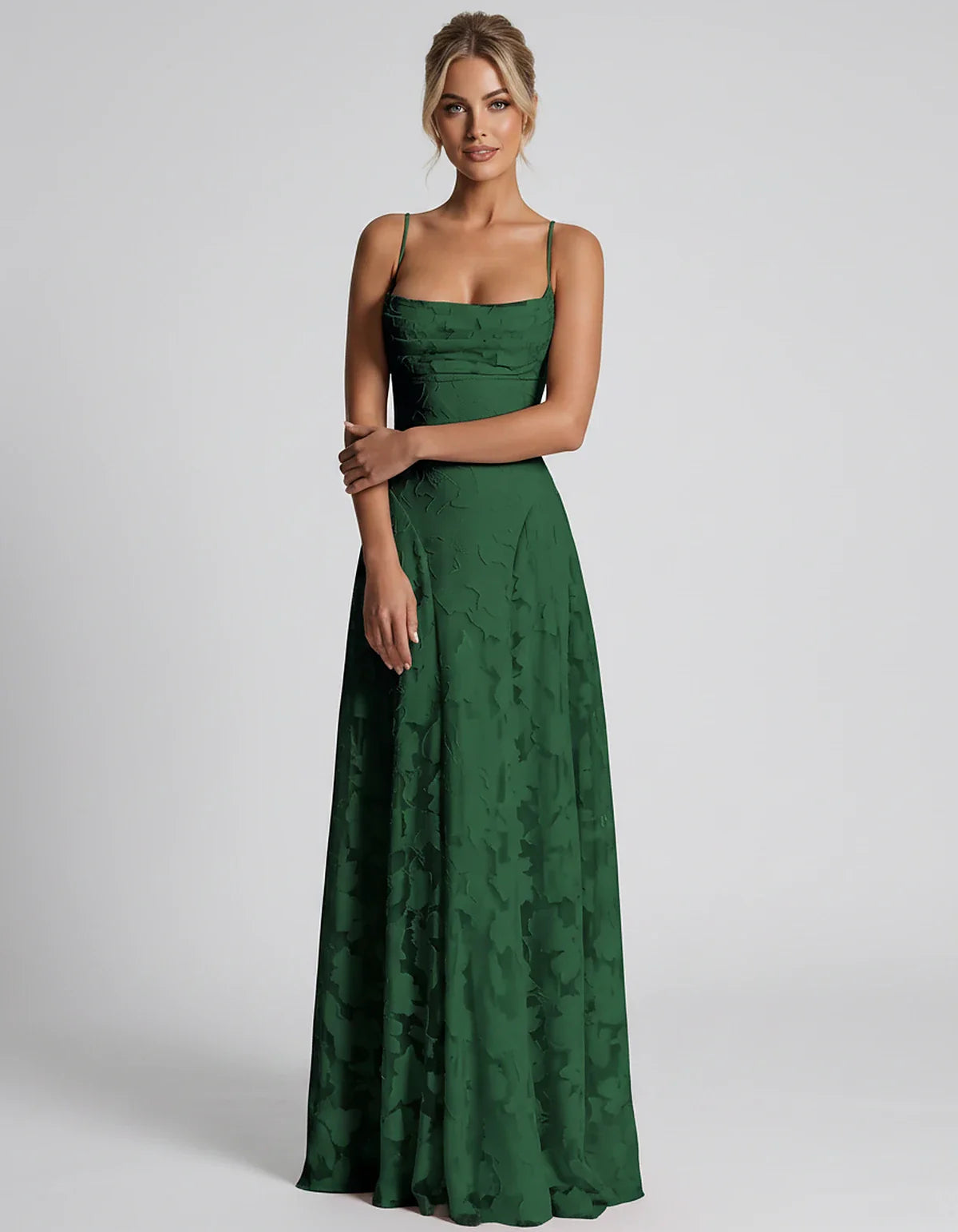 Floral Jacquard Spaghetti Strap Square Neck A-Line Maxi Dress for Party, Cocktail, Evening, Wedding Guest & Summer Events, fr | SKU: VMD-582741963085214-GREEN-L,VMD-582741963085214-GREEN-M,VMD-582741963085214-GREEN-S,VMD-582741963085214-GREEN-XL,VMD-582741963085214-GREEN-XS