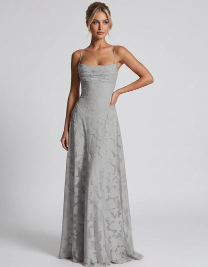 Floral Jacquard Spaghetti Strap Square Neck A-Line Maxi Dress for Party, Cocktail, Evening, Wedding Guest & Summer Events, fr | SKU: VMD-582741963085214-GRAY-L,VMD-582741963085214-GRAY-M,VMD-582741963085214-GRAY-S,VMD-582741963085214-GRAY-XL,VMD-582741963085214-GRAY-XS