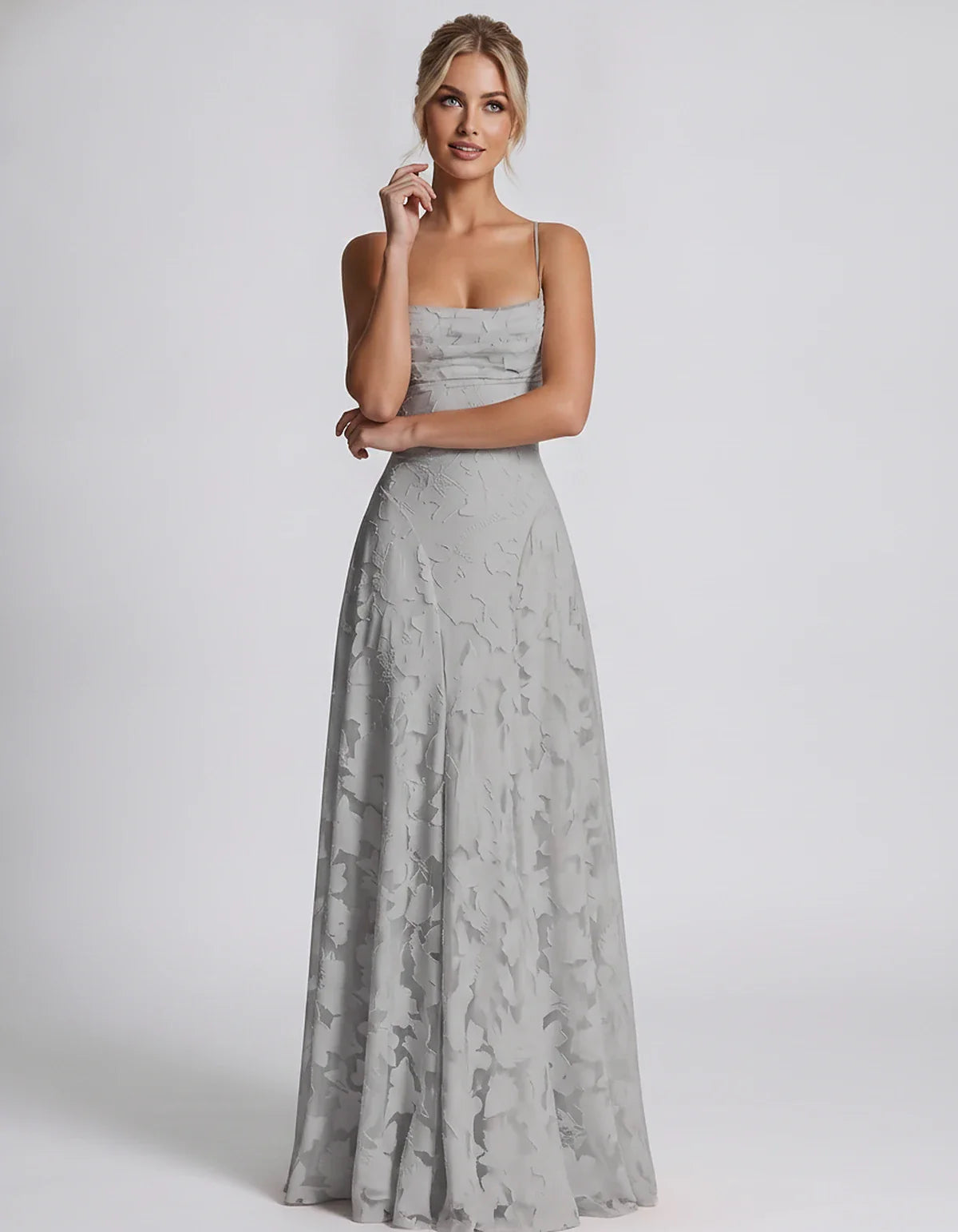 Floral Jacquard Spaghetti Strap Square Neck A-Line Maxi Dress for Party, Cocktail, Evening, Wedding Guest & Summer Events, fr | SKU: VMD-582741963085214-GRAY-L,VMD-582741963085214-GRAY-M,VMD-582741963085214-GRAY-S,VMD-582741963085214-GRAY-XL,VMD-582741963085214-GRAY-XS
