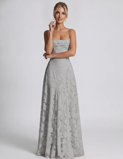 Floral Jacquard Spaghetti Strap Square Neck A-Line Maxi Dress for Party, Cocktail, Evening, Wedding Guest & Summer Events, fr | SKU: VMD-582741963085214-GRAY-L,VMD-582741963085214-GRAY-M,VMD-582741963085214-GRAY-S,VMD-582741963085214-GRAY-XL,VMD-582741963085214-GRAY-XS