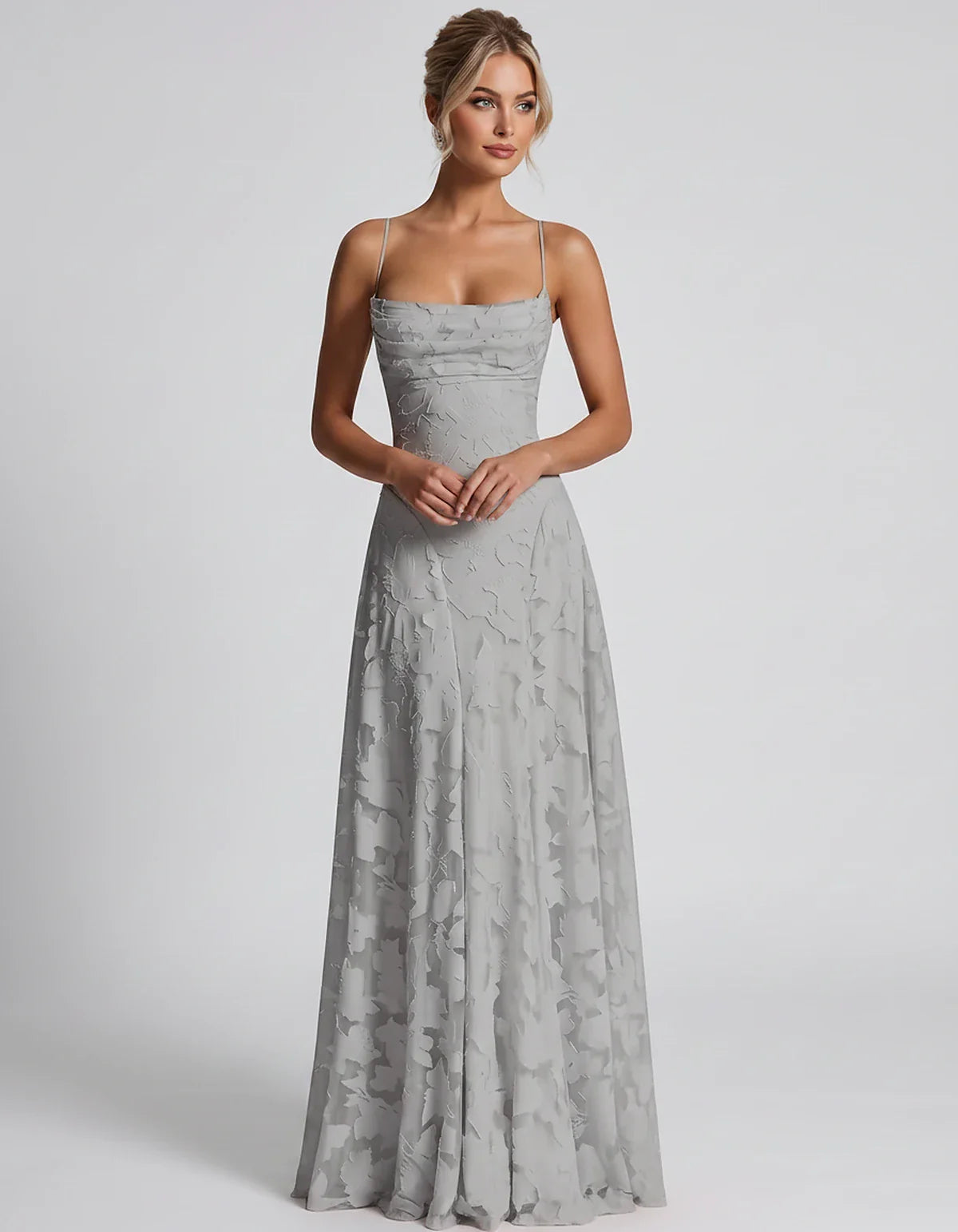 Floral Jacquard Spaghetti Strap Square Neck A-Line Maxi Dress for Party, Cocktail, Evening, Wedding Guest & Summer Events, fr | SKU: VMD-582741963085214-GRAY-L,VMD-582741963085214-GRAY-M,VMD-582741963085214-GRAY-S,VMD-582741963085214-GRAY-XL,VMD-582741963085214-GRAY-XS