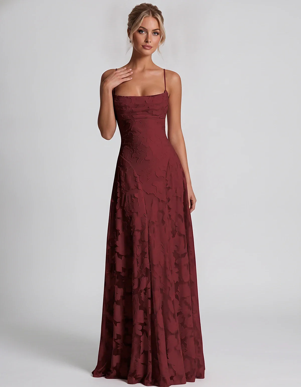 Floral Jacquard Spaghetti Strap Square Neck A-Line Maxi Dress for Party, Cocktail, Evening, Wedding Guest & Summer Events, fr | SKU: VMD-582741963085214-WINE-L,VMD-582741963085214-WINE-M,VMD-582741963085214-WINE-S,VMD-582741963085214-WINE-XL,VMD-582741963085214-WINE-XS