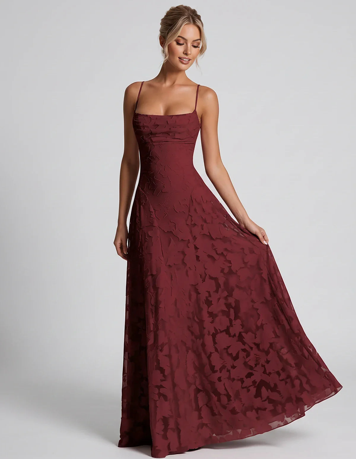 Floral Jacquard Spaghetti Strap Square Neck A-Line Maxi Dress for Party, Cocktail, Evening, Wedding Guest & Summer Events, fr | SKU: VMD-582741963085214-WINE-L,VMD-582741963085214-WINE-M,VMD-582741963085214-WINE-S,VMD-582741963085214-WINE-XL,VMD-582741963085214-WINE-XS
