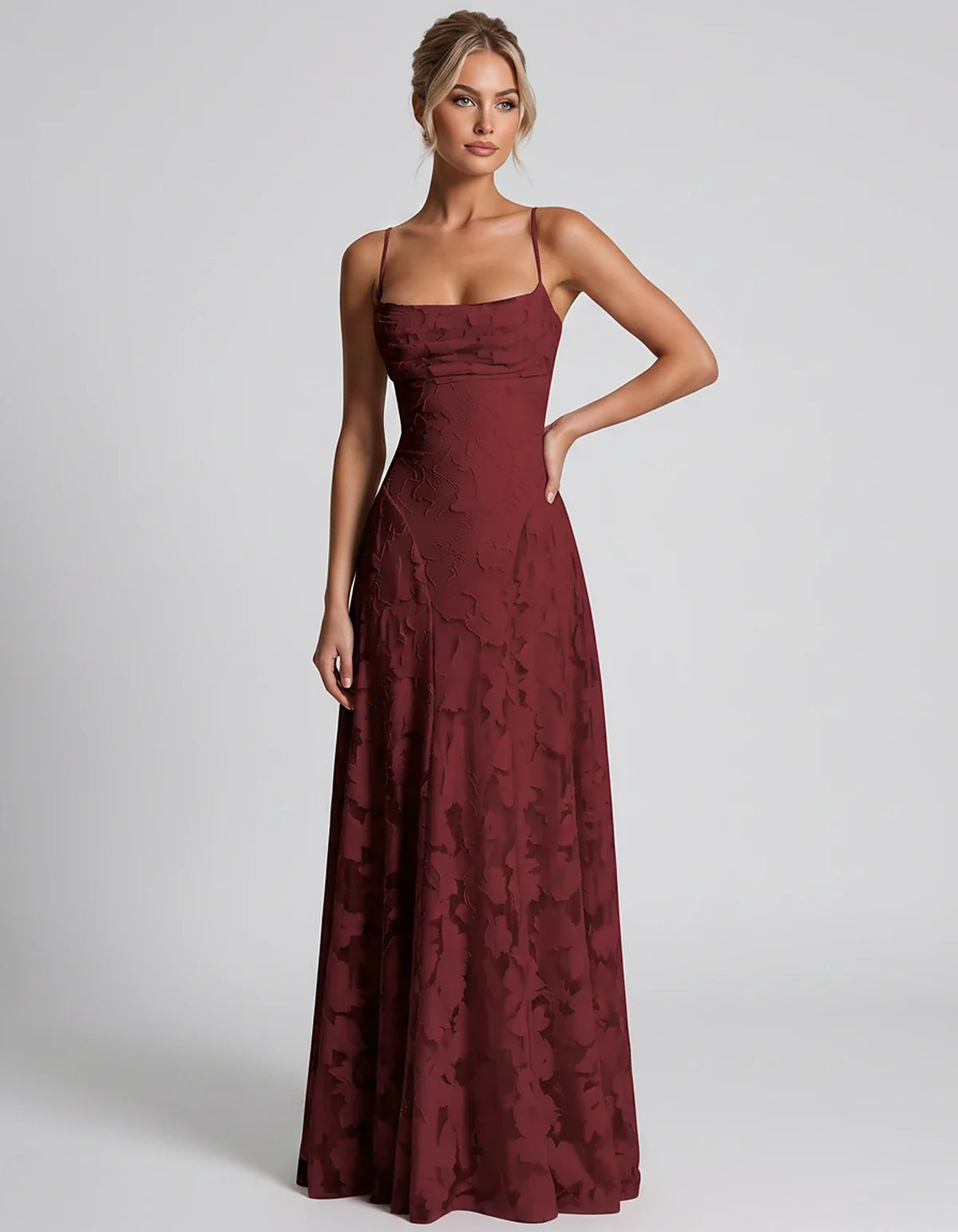 Floral Jacquard Spaghetti Strap Square Neck A-Line Maxi Dress for Party, Cocktail, Evening, Wedding Guest & Summer Events, fr | SKU: VMD-582741963085214-WINE-L,VMD-582741963085214-WINE-M,VMD-582741963085214-WINE-S,VMD-582741963085214-WINE-XL,VMD-582741963085214-WINE-XS