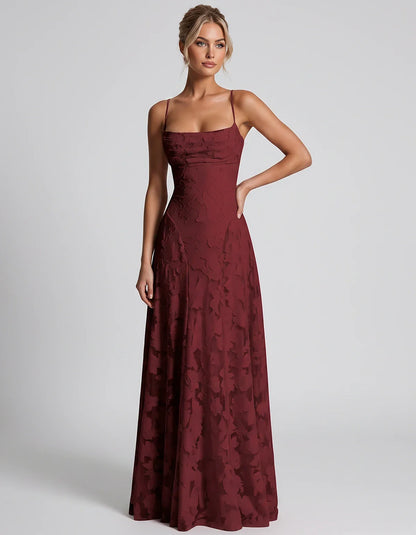Floral Jacquard Spaghetti Strap Square Neck A-Line Maxi Dress for Party, Cocktail, Evening, Wedding Guest & Summer Events, fr | SKU: VMD-582741963085214-WINE-L,VMD-582741963085214-WINE-M,VMD-582741963085214-WINE-S,VMD-582741963085214-WINE-XL,VMD-582741963085214-WINE-XS