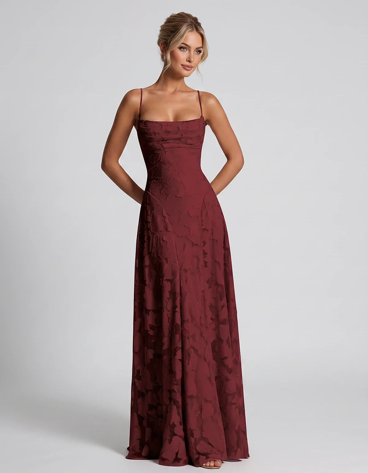 Floral Jacquard Spaghetti Strap Square Neck A-Line Maxi Dress for Party, Cocktail, Evening, Wedding Guest & Summer Events, fr | SKU: VMD-582741963085214-WINE-L,VMD-582741963085214-WINE-M,VMD-582741963085214-WINE-S,VMD-582741963085214-WINE-XL,VMD-582741963085214-WINE-XS