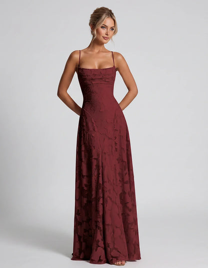 Floral Jacquard Spaghetti Strap Square Neck A-Line Maxi Dress for Party, Cocktail, Evening, Wedding Guest & Summer Events, fr | SKU: VMD-582741963085214-WINE-L,VMD-582741963085214-WINE-M,VMD-582741963085214-WINE-S,VMD-582741963085214-WINE-XL,VMD-582741963085214-WINE-XS