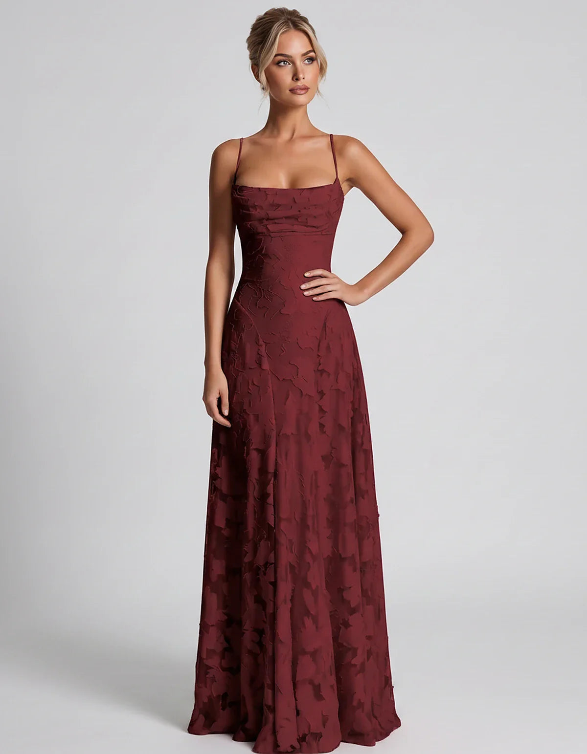 Floral Jacquard Spaghetti Strap Square Neck A-Line Maxi Dress for Party, Cocktail, Evening, Wedding Guest & Summer Events, fr | SKU: VMD-582741963085214-WINE-L,VMD-582741963085214-WINE-M,VMD-582741963085214-WINE-S,VMD-582741963085214-WINE-XL,VMD-582741963085214-WINE-XS