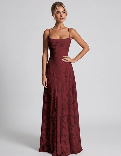Floral Jacquard Spaghetti Strap Square Neck A-Line Maxi Dress for Party, Cocktail, Evening, Wedding Guest & Summer Events, fr | SKU: VMD-582741963085214-WINE-L,VMD-582741963085214-WINE-M,VMD-582741963085214-WINE-S,VMD-582741963085214-WINE-XL,VMD-582741963085214-WINE-XS