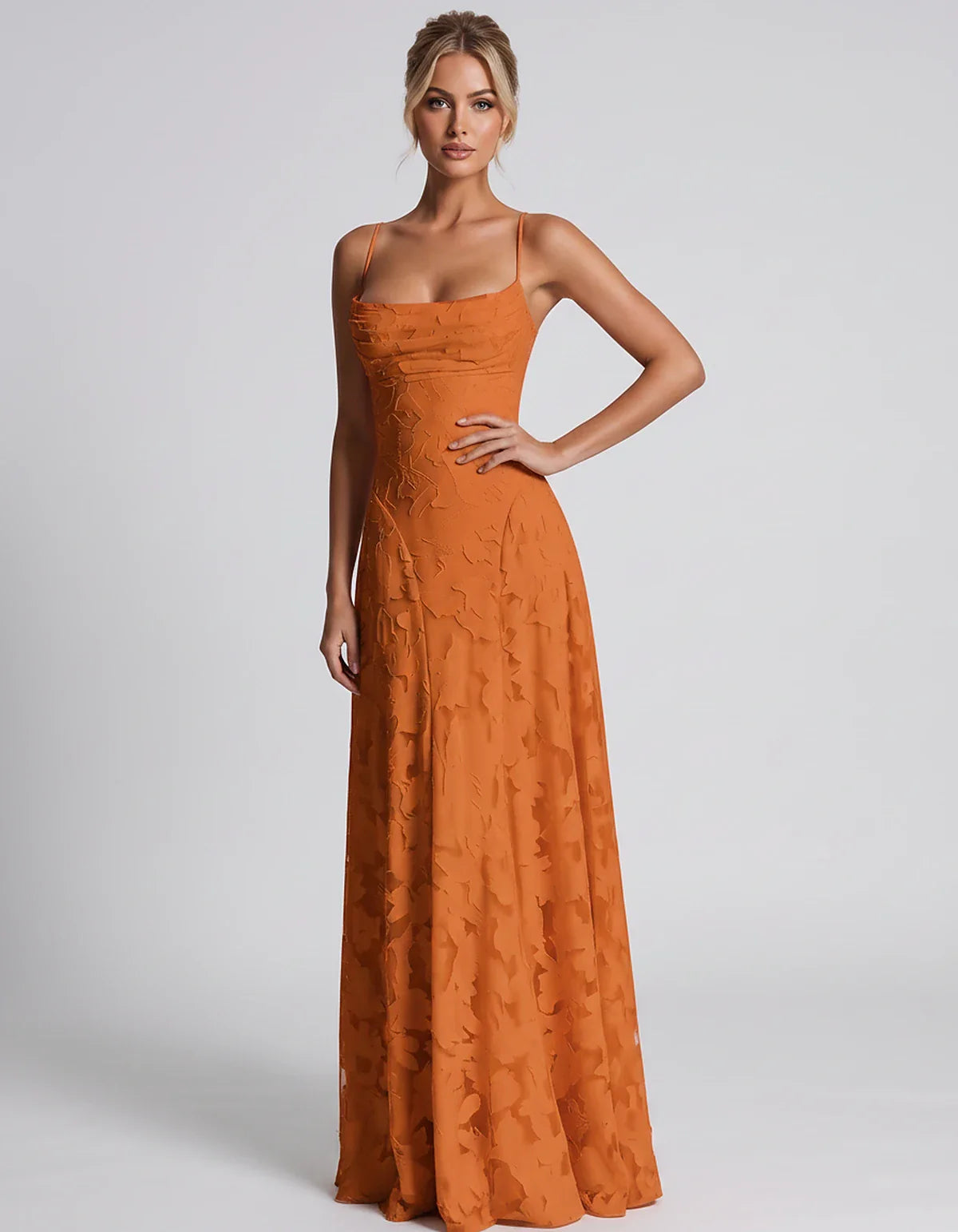 Floral Jacquard Spaghetti Strap Square Neck A-Line Maxi Dress for Party, Cocktail, Evening, Wedding Guest & Summer Events, fr | SKU: VMD-582741963085214-ORANGE-L,VMD-582741963085214-ORANGE-M,VMD-582741963085214-ORANGE-S,VMD-582741963085214-ORANGE-XL,VMD-582741963085214-ORANGE-XS