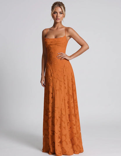 Floral Jacquard Spaghetti Strap Square Neck A-Line Maxi Dress for Party, Cocktail, Evening, Wedding Guest & Summer Events, fr | SKU: VMD-582741963085214-ORANGE-L,VMD-582741963085214-ORANGE-M,VMD-582741963085214-ORANGE-S,VMD-582741963085214-ORANGE-XL,VMD-582741963085214-ORANGE-XS